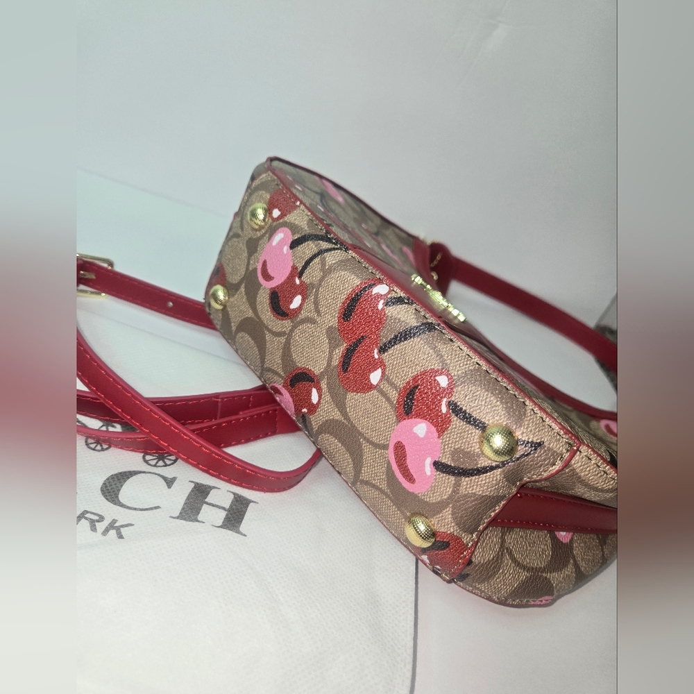 COACH Cherry-Print Signature Canvas Hobo Bag in Red - Picture 6 of 7